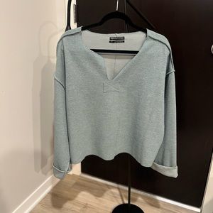 Urban Outfitters green ribbed boxy crop V neck sweater